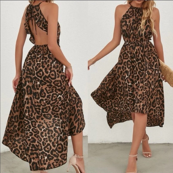 Leopard Animal Exotic Print Ruffle Tie Backless Asymmetrical Hem Halter Dress - Picture 2 of 6